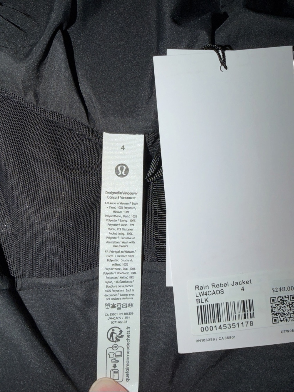 Lululemon Rain Rebel Jacket Black Size 4 NWT Waterproof Hooded Raincoat - Picture 8 of 8